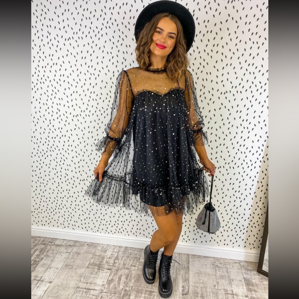 Nasty Gal Star Mesh Mini Dress Black Babydoll Sparkle Medium